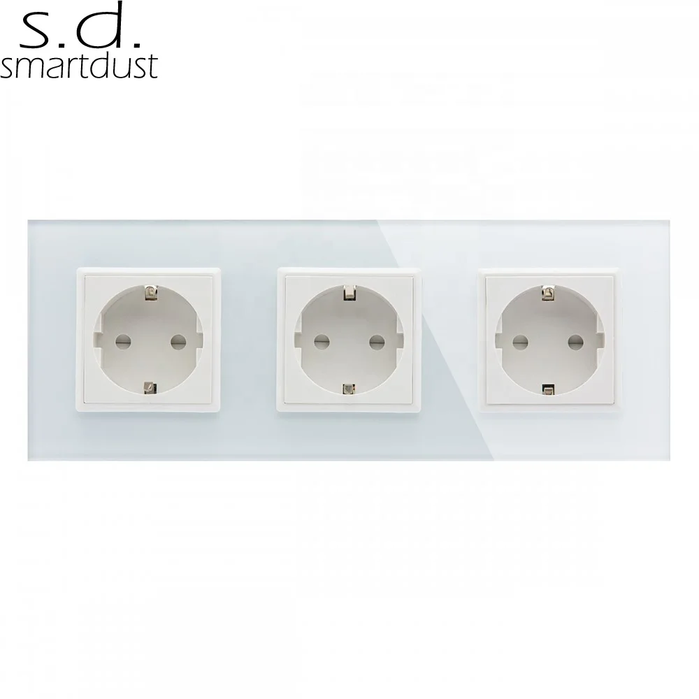Smardust German Grounding EU Wall Outlets Luxury Glass Panel 3 Way Triple Wall Socket