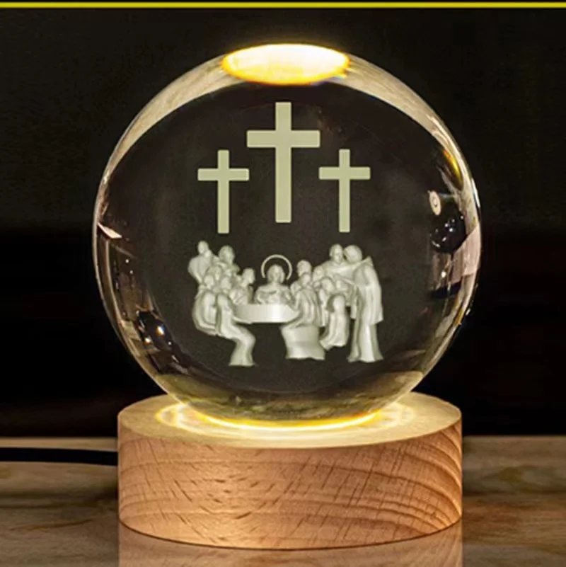 3D Jesus Engraved  Laser Crystal Ball lamp night light  for table deco
