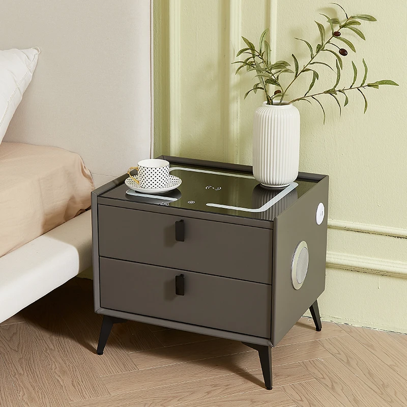 Modern MDF Wooden Nightstand 2 Drawers Smart Coffee Table with Wireless Charging USB Ports & Speaker for Bedroom & Living Room