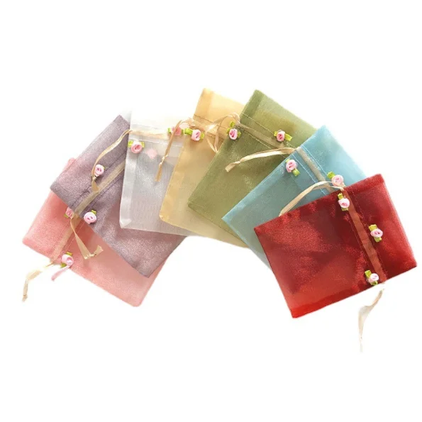 Candy drawstring organza gift bag with mini flower