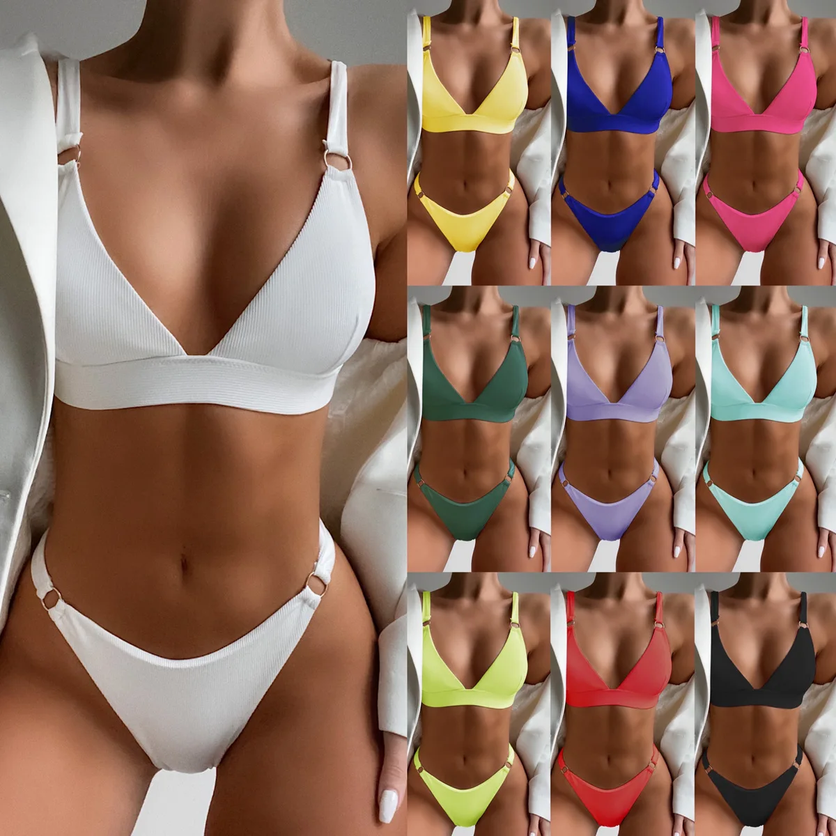 Wholesale custom solid color swimming suit two piece swimwear bikini set bathing suits push up beachwear for women