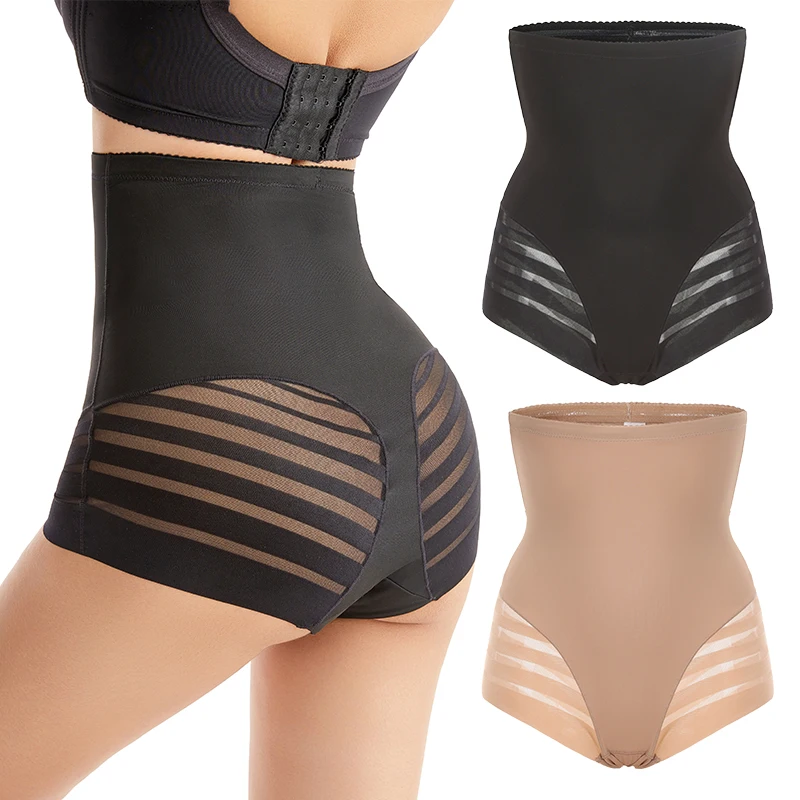 Plus Size Women Underwear High Waist Tummy Control Girdle Stripe Lace Body Shaper Shapewear Panties Waist Slim Butt Lifter
