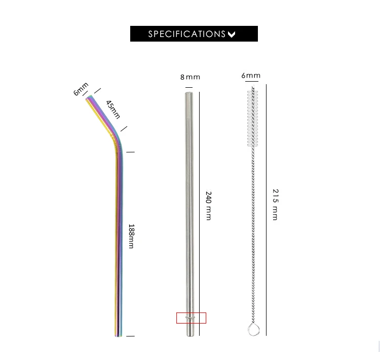 
Custom Logo Metal Straw Set Set of 6 Reusable Stainless Steel Metal Straws 2 Straight 2Bent 2 Brushes 