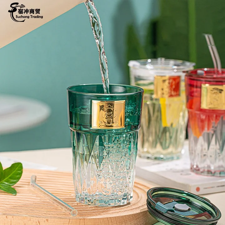 Little Bear Flower Clear Bamboo Glass Tea Coffee Cup Mugs With Lid And Straw