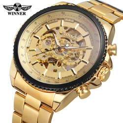 T-Winner Gold Design Clock Men Stainless Steel Wrist Watches Top Brand Custom Logo  Luxury Skeleton Mechanical Automatic Watch