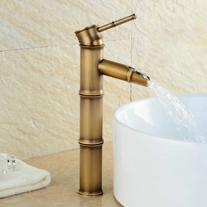 Classical Bamboo Shape Single Handle Basin Mixer Taps Bathroom Brass Antique Hot Cold Waterfall Wash Basin Tap
