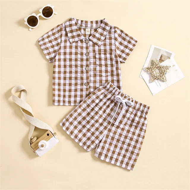 1 Pcs Custom Tag Plaid Cotton Outfit Summer Baby Infant Clothes Top Shorts Toddler Boys Two Pieces Set