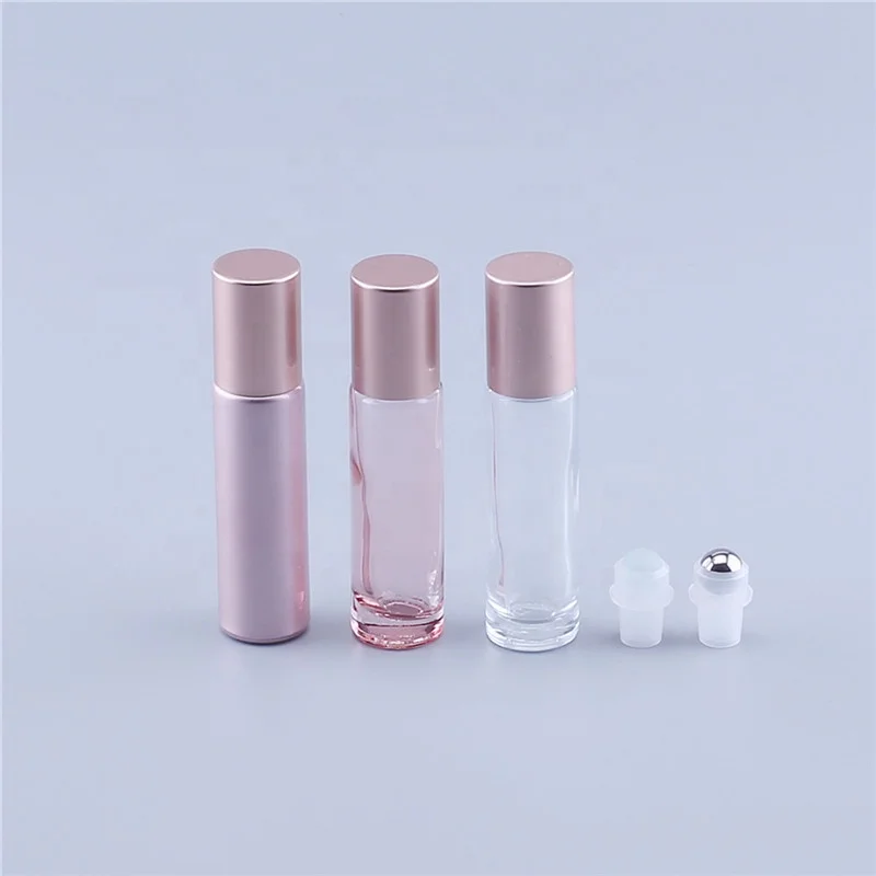 Розовый ролик для эфирного масла 10 мл, стеклянный флакон для духов со стеклянным или нержавеющей стальным роликовым шариком и крышкой из розового золота (62526712959)