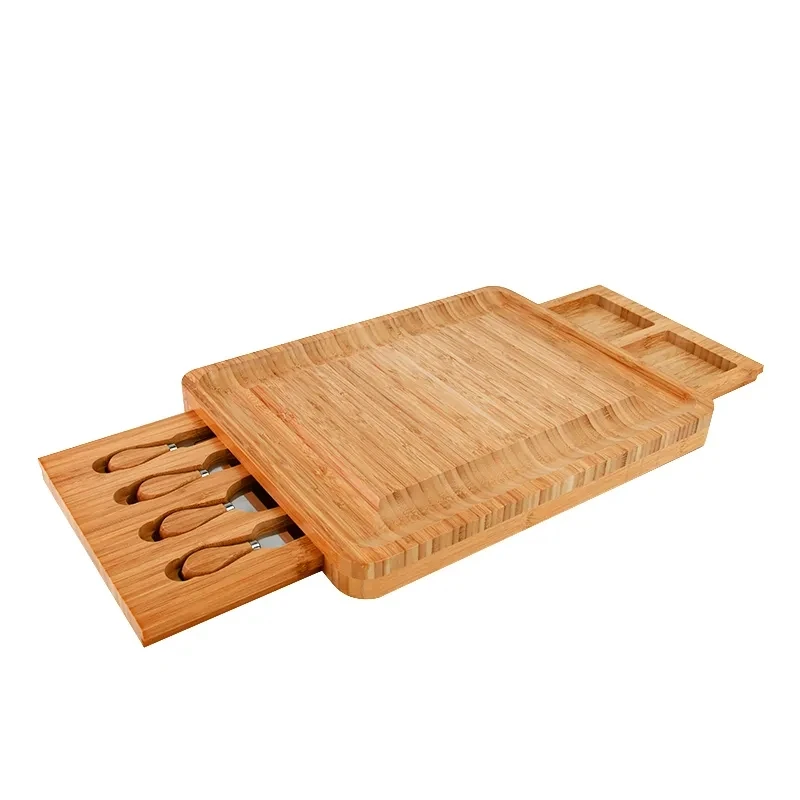 Bamboo Cheese Board with Cheese Tools, Cheese Plate Charcuterie Platter with Utensils Set and 4 Stainless Steel Cutting Knives