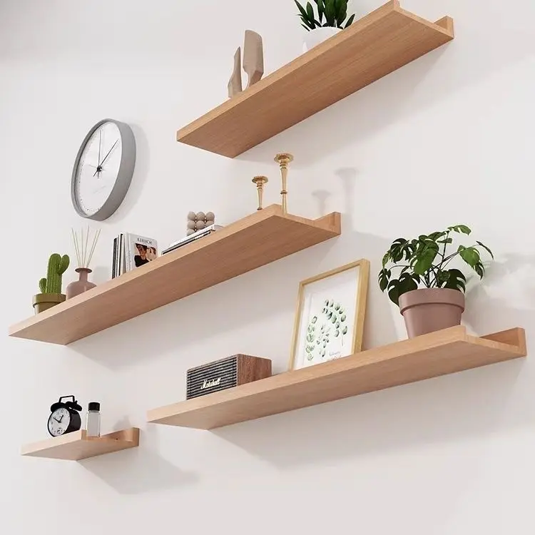 Floating Wall Shelf MDF I Shape Rustic Brown Display Storage Wall Mounted Bookshelf Wooden Floating Shelves