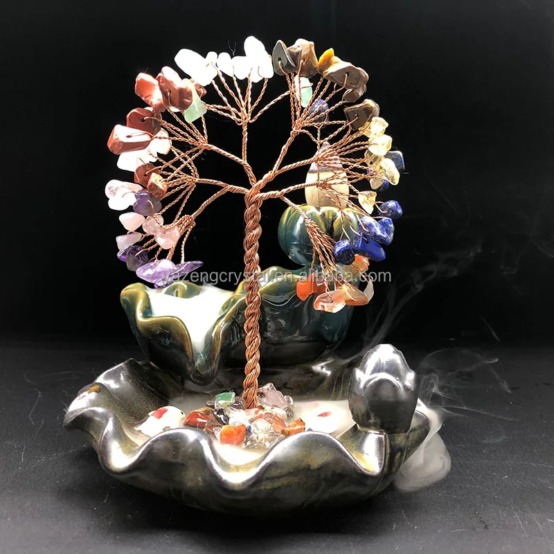 Natural Crystal Chips Tree  Meditation Aromatherapy Ceramic Backflow Incense Holder Handmade Waterfall Incense Burner