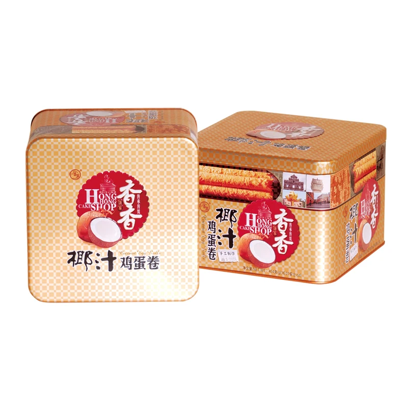 Chinese Traditional Egg Wafer Stick Coconut Flavor Crispy Chinese Snack Food Egg Rolls in Square Tin