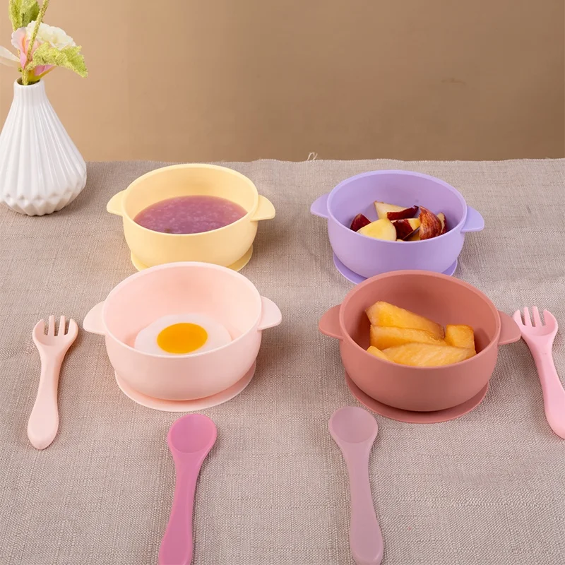 New Design Custom Food Grade Bpa Free Eco Small Baby Bowls Feeding Set Silicone Suction Baby Food Bowl With Lid  For Baby