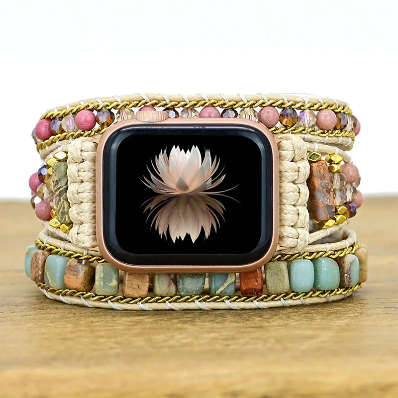 Natural Stone Watch Band Removable Jewelry Handmade Woven 3 Layers Wrap Bracelets Smart Watch Strap
