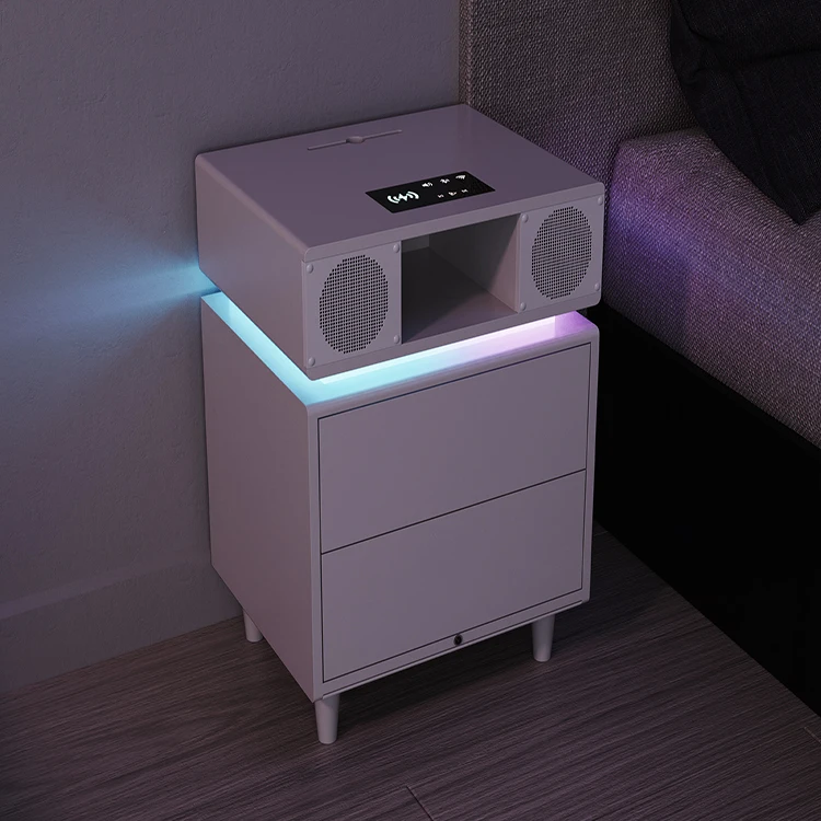 Nordic White Multifunctional RGB Atmosphere Light Wireless Charging Speaker Smart Nightstand Bedside Table Night Stand