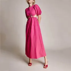 Custom Women Casual Vintage Summer Long Hot Pink O-ring Waist Cut Out Puff Sleeve Maxi Dresses