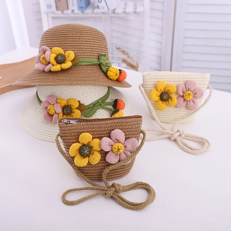 Summer Wholesale Matching Beach Double Flower Shade Lovely Princess Family Crossbody Straw Hats And Bag Sets