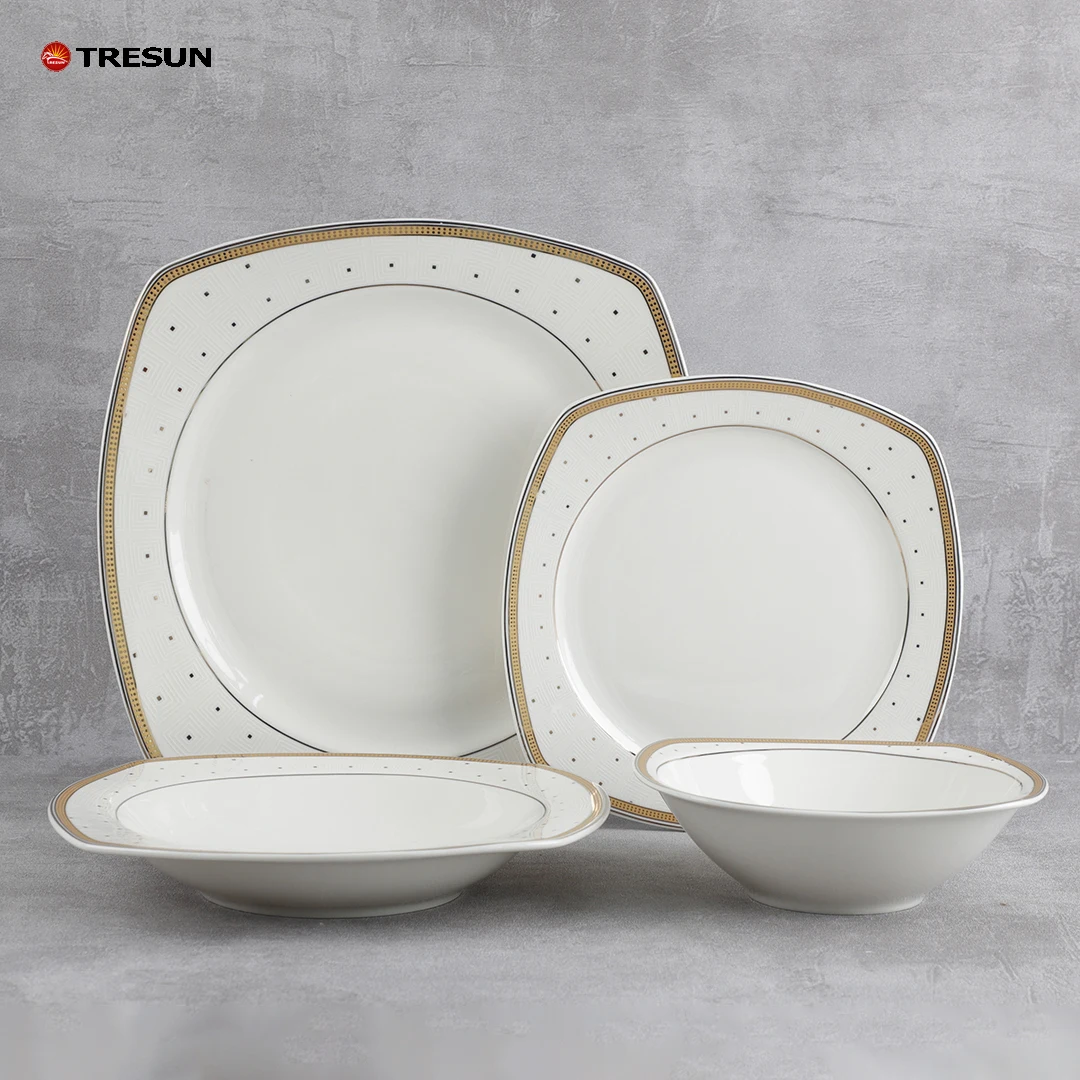 china factory tangshan lightweight 18 pieces gold rim cream-white square bone china dinnerware set