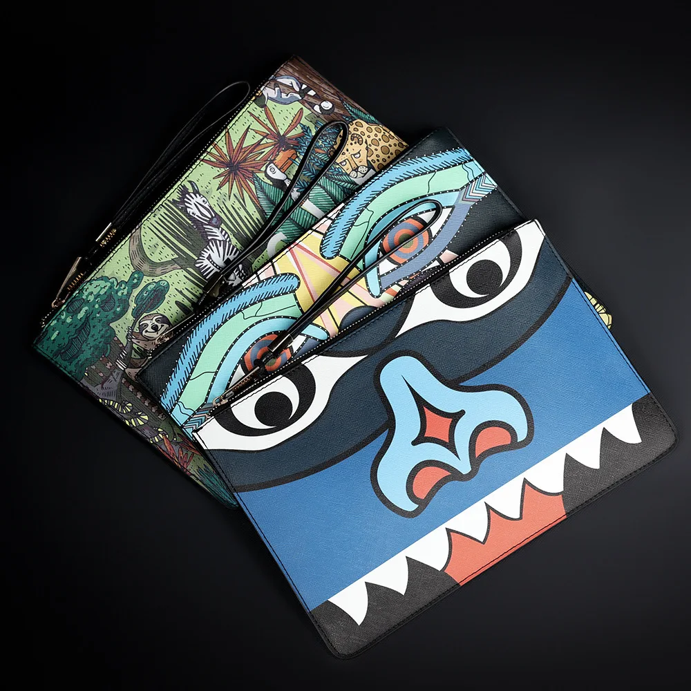 Korean Style Fashion Men Handbag Cartoon Printed Envelope Clutch Purse Bag Shoulder Messenger Bags For Girl Leather Clutch Purse