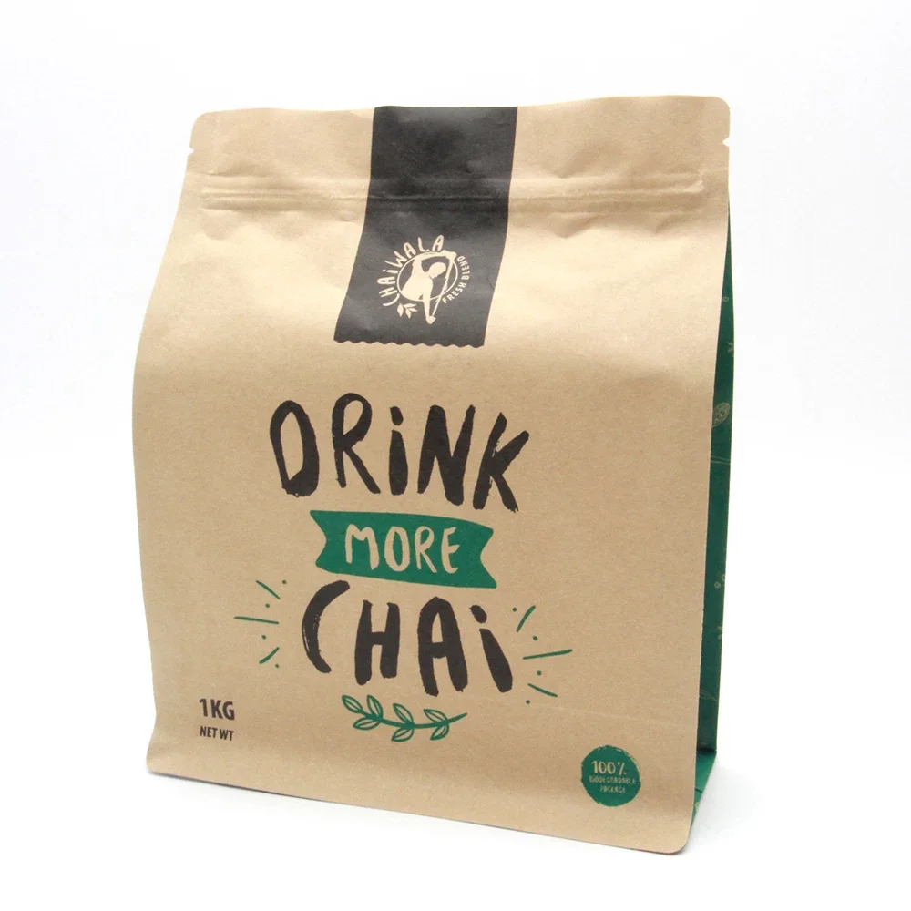 Custom Printed Compostable Recyclable Food Grade Brown Kraft Paper Aluminum Foil Flat Bottom Packing Pouch Bag For Coffee Tea