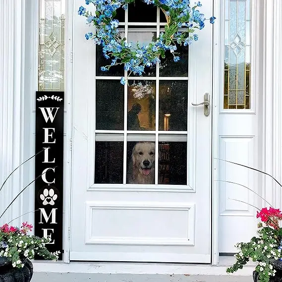Welcome Sign for Front Porch Standing Interchangeable Wooden Sign with 5 Designed Double-Sided Icons for Front Door
