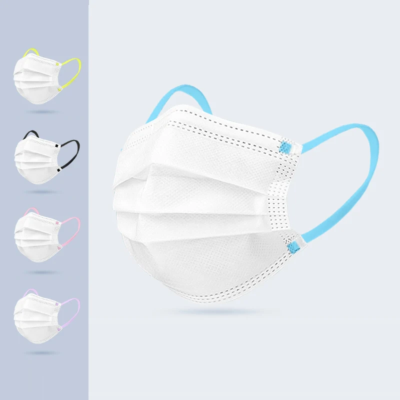 Personalized fashion design breathable 3 ply white face masks disposable with 0.6 cm contrast color earloop