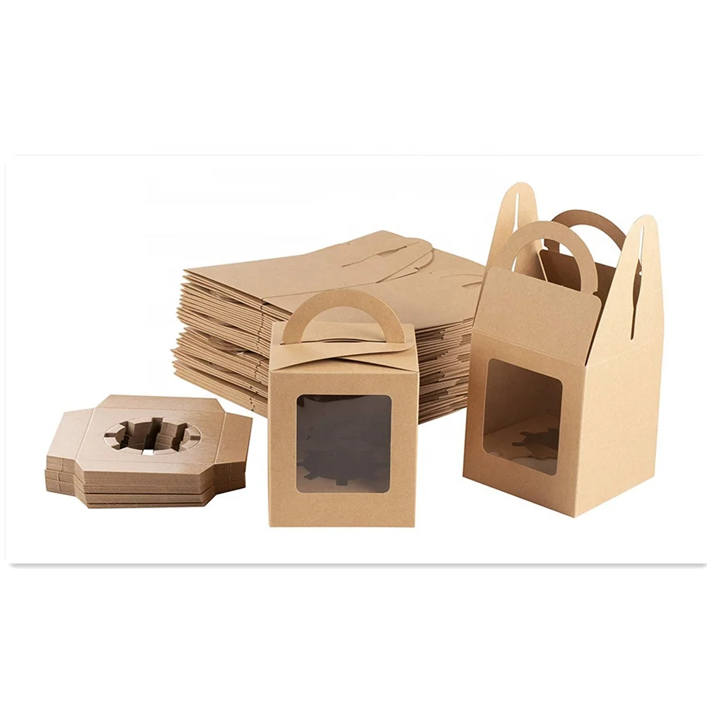 Kraft Paper Cupcake Boxes Single Bakery Box Packaging with Clear Display Window Insert and Handle Pastry Carrier Treat Boxes