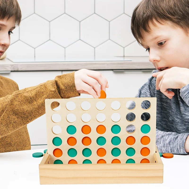 Classic 4-in-a-Row Strategy Board Game Set Unisex Wooden Table Toys for Adults and Children for Family Travel & Gifts