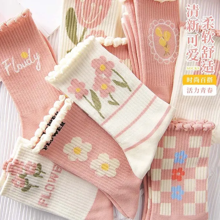 HY-1814 Wholesale Women Floral Cotton Jacquard Pink Socks Ladies Flower Crew Socks Girl