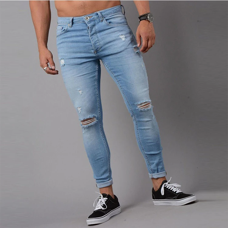 
High Quality Fashion Men Ripped Distress Super Skinny Stretch Black Slim Fit Male Plain Jeans 