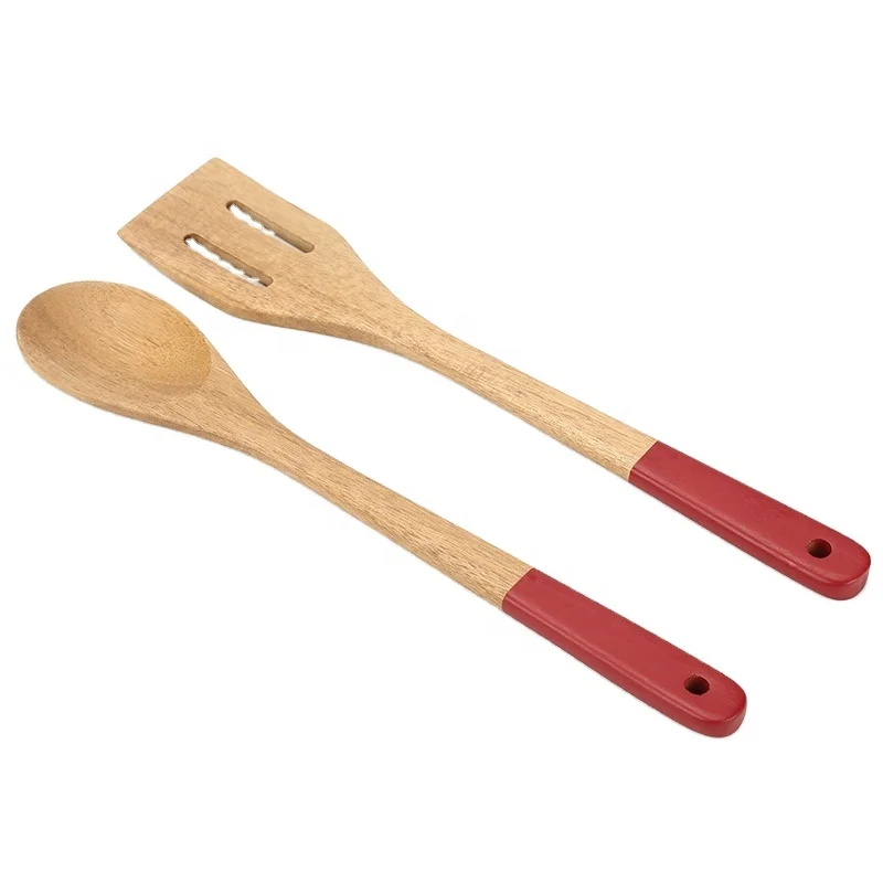 High Quality Acacia Wood Cooking Set 2Pcs Wooden Solid Spoon Slotted Turner Kitchenware With Color Printing Handle Hanging Hole