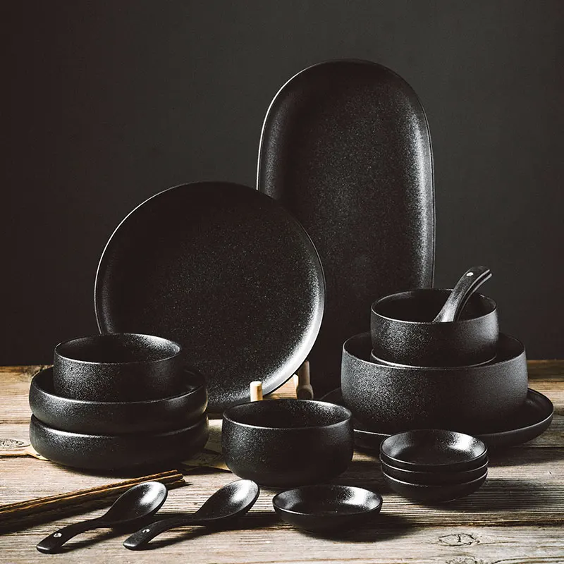 Black Nordic Ceramic Kitchen Dinner Dish Sets Plate Rice Salad Noodles Bowl Soup Plate Set Ceramic Dinnerware Dinner Sets