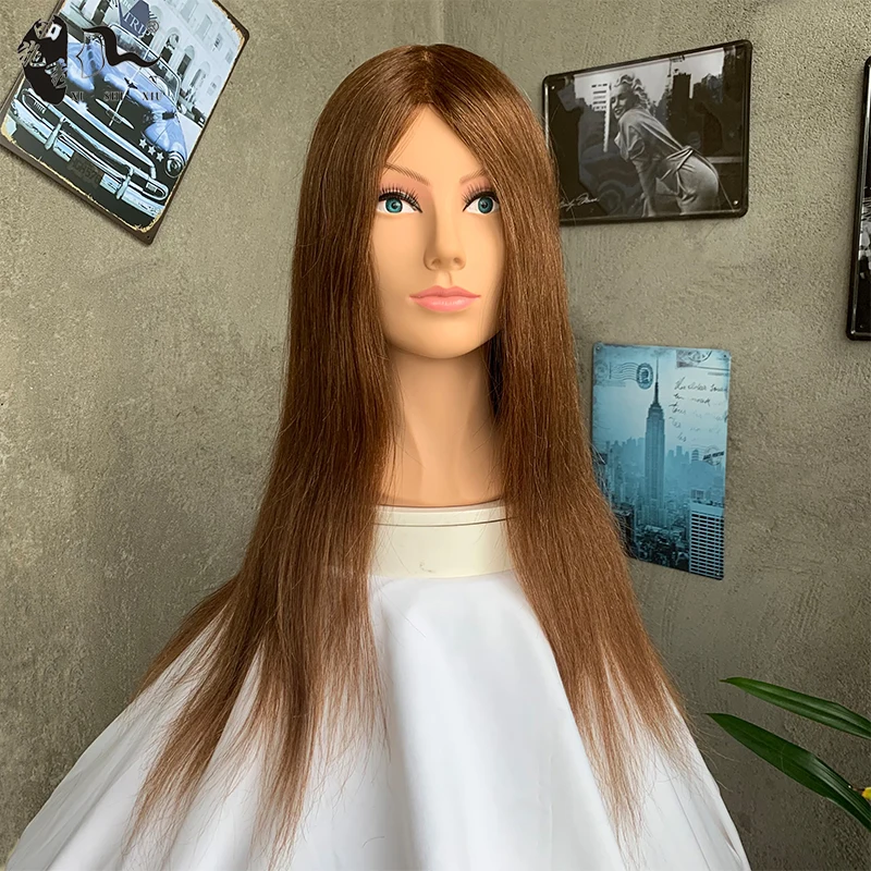 XISHIXIU Mannequin Head 100% Real Human Hair Hairdresser Training Head Manikin Cosmetology Doll Head with stand 18 inches
