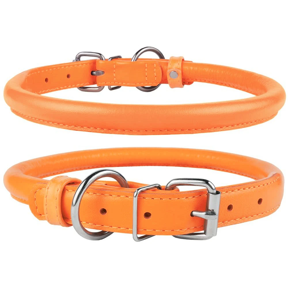 
COLLARS Rolled Soft Padded Round Handmade Leather Dog Collar Personalized All Seasons Eco-friendly JEWELED Multiple Solid Colors 