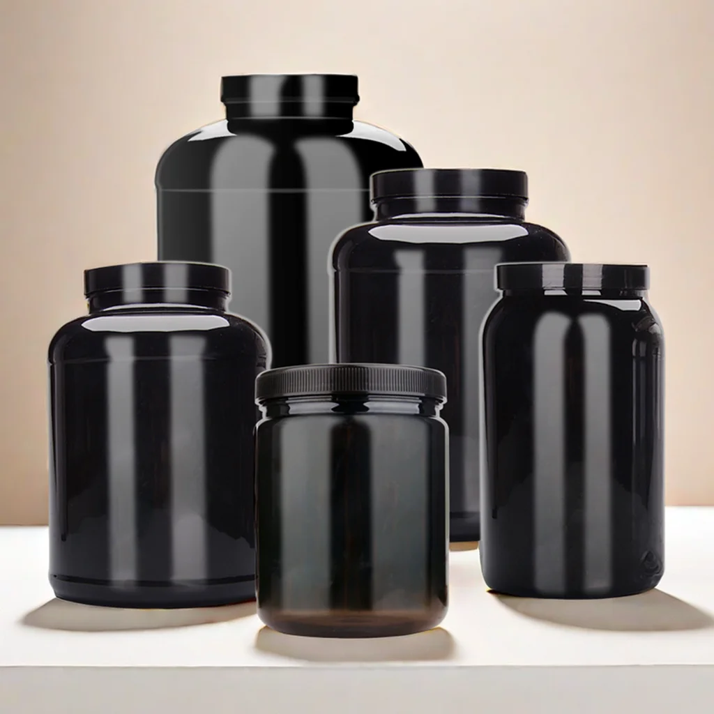 Empty Muscle Gain Fitness Protein Powder Container Packaging Jar 1L 5L HDPE PET Black Wide Mouth Whey Protein Powder Storage Jar