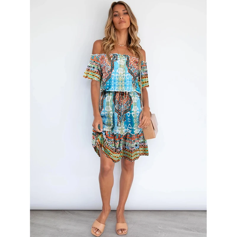 
2021 Bohemian fashion multi-color pattern short sleeve off-the-shoulder sexy summer beach travel comfortable print dress 