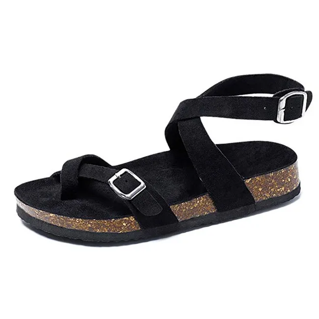 Wholesale Customized New Fashion Design Cheap PU Casual Shoes Flat Buckle Strap Cork Sole Murah Latest Design Slipper Sandal