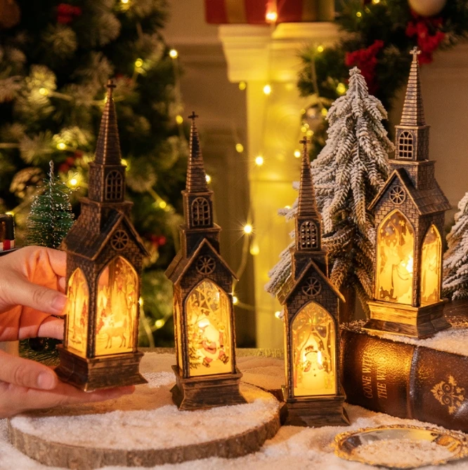 Plastic led night light small wind lamp Steeple church vintage bronze color christmas gift decoration night light led mini lamp