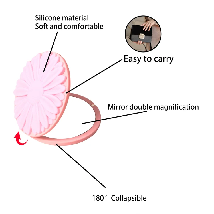 Best Personalised Fashionable small Black Round Plastic Magnifying Foldable Flower Handheld make up Compact Mirror