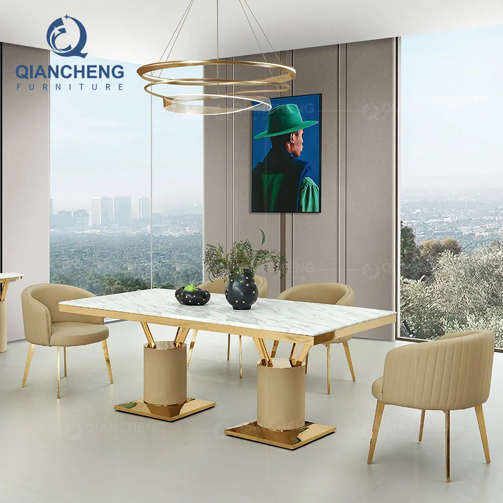 Foshan luxury high end design furniture house dinning room set natural cave stone marble dining table with chair genuine leather