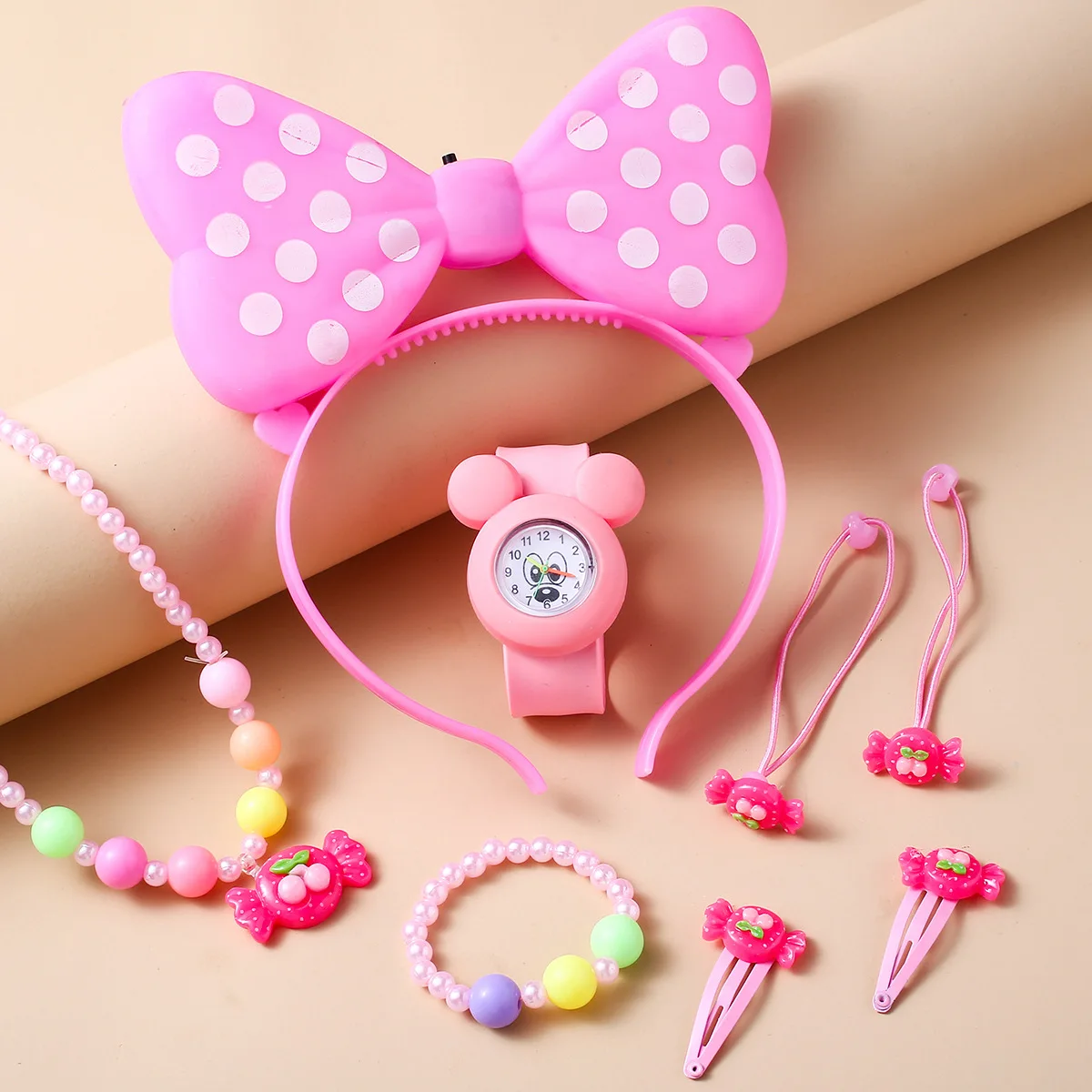 8pcs Wholesale Fashion Cartoon Cute Silicone Quartz Watches Children Kids Girls Necklace Bracelet Hair Accessories Watch Sets