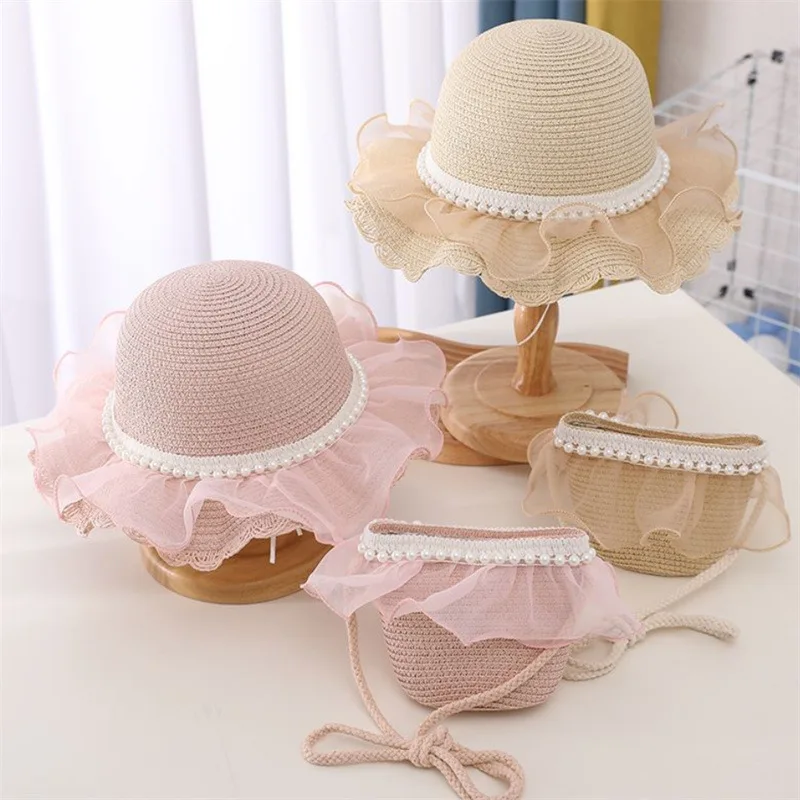 wide brim Summer children Beach Sun Hat baby Girl lace and pearl Bucket Straw Hat and bag set beautiful outdoor travel hat kids