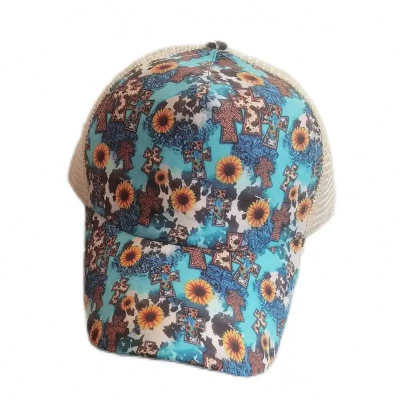 A 272 Woman Sports Baseball Cap Messy Buns Washed Cotton Trucker Mesh Hats Cactus Sunflower Cross Distressed Ponytail Hats