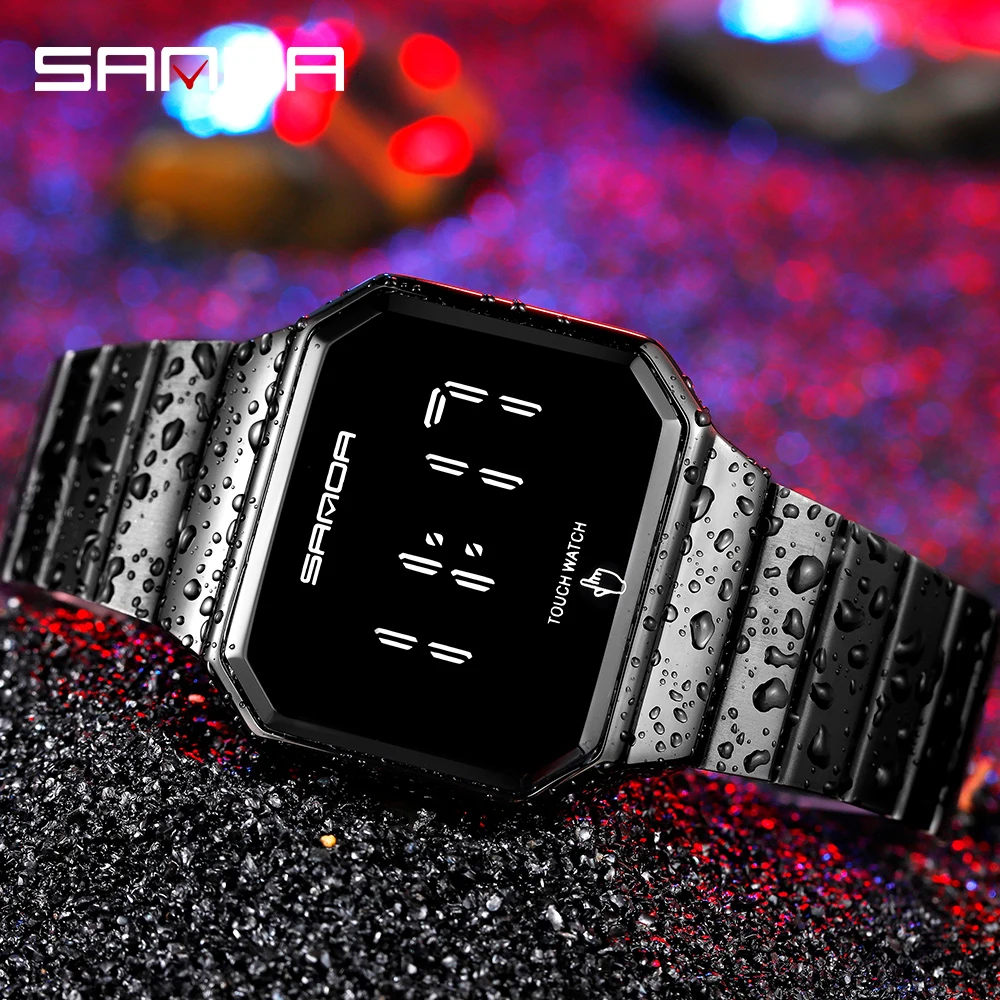 Sanda 8001 Роскошные светодиодные наручные часы с сенсорным экраном для мужчин светящиеся водонепроницаемые стальные