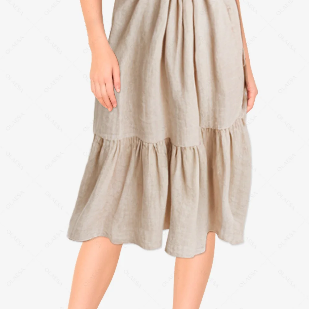 Odm Design High Quality Women Holiday Plain Dresses Ladies Tied Knot Midi Dress Casual Linen Dresses