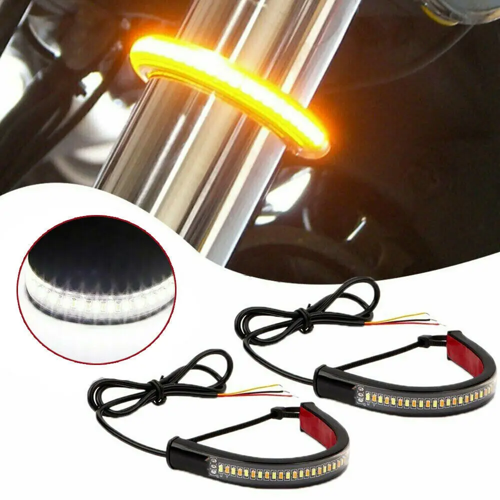 Universal Motorcycle LED Strip Light Brake Tail Turn Signal & DRL Yellow White Motor Flasher Ring Fork Strip Lamp