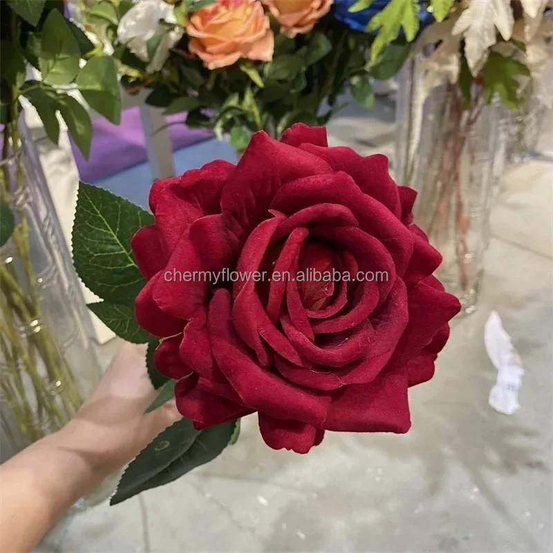CM-TH883 Large Head Velvet Rose Artificial Red Pink Rose Velvet Flower for Home Decor