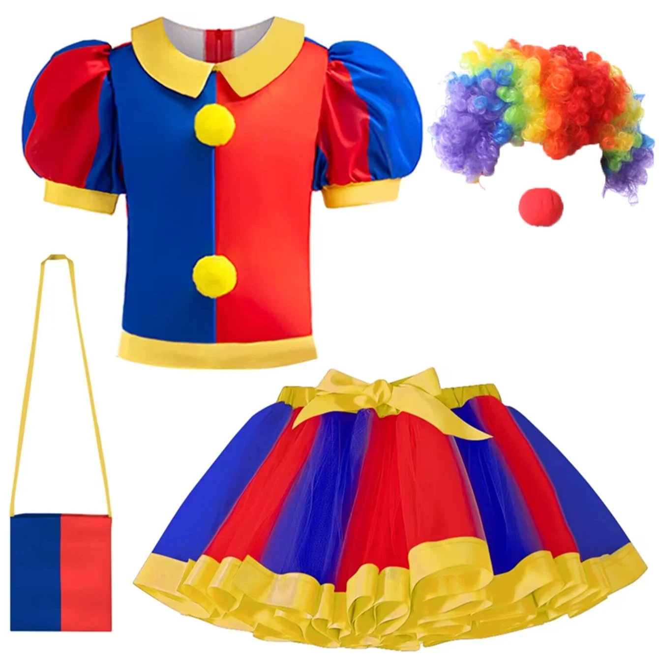 Summer Toddler Girls Clown Costumes Set Kids Cosplay Halloween Christmas Birthday Party T-shirt+Tutu Skirt+Bag+Wig+Nose Outfits