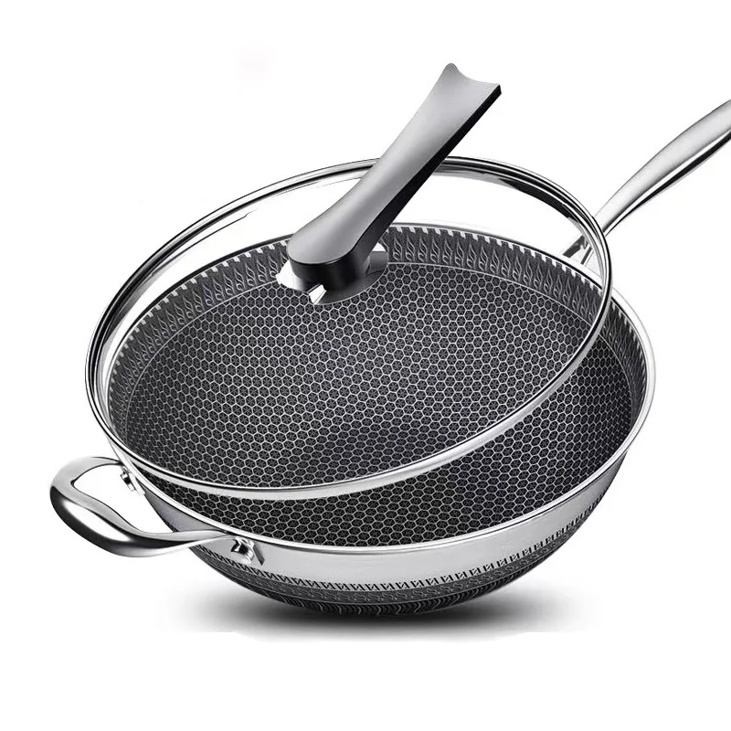 Customized Home Use Honeycomb Stainless Steel Non-stick Wok Kitchenware Cookware Fast Heating Wok
