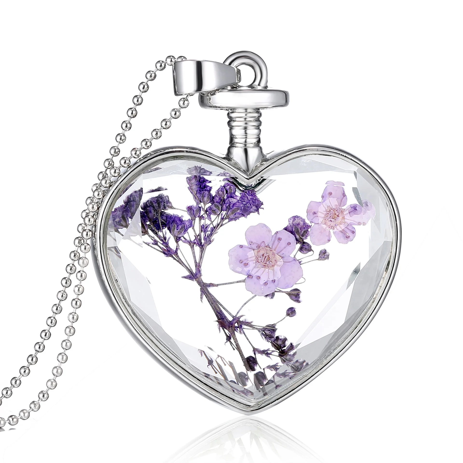 Korean Romantic Crystal Luxury Heart Glass Bottle Dried Flower Pendant Necklace